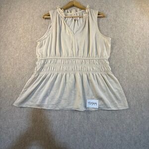 Dolan Left Coast Women L Beige‎ Smocked Peplum V-Neck Ruffle Sleeveless Blouse